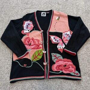 Storybook Knits Flowers and Flutters Black Cotton Blend Cardigan Sweater Size 1X